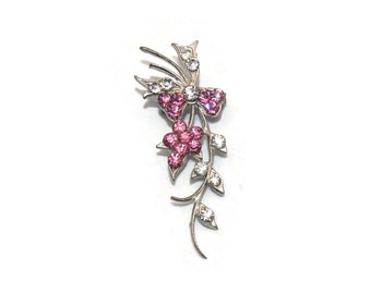 Vintage Silber Ton mit rosa und klaren Strass zarten Blumenbrosche, Anstecknadel.