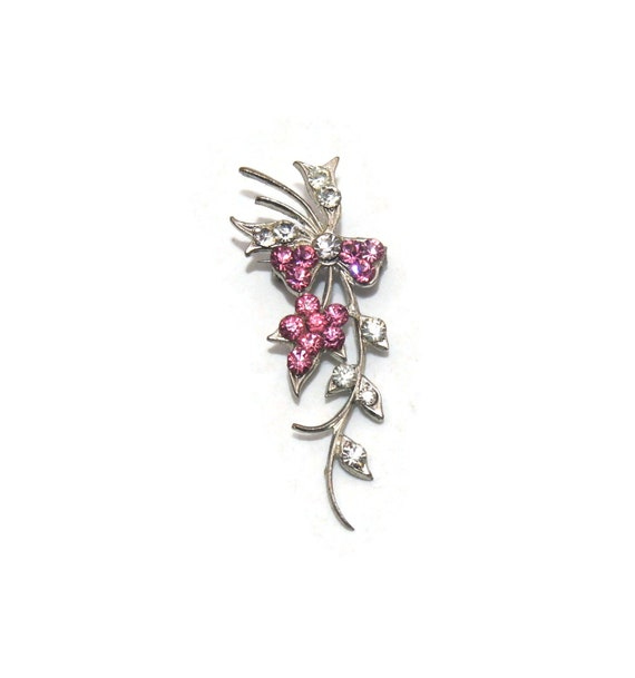 Vintage Silver Tone with Pink and Clear Rhineston… - image 1