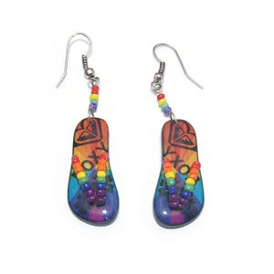 Fun Vintage Multi Color Plastic Beaded Sandal Dangle Earrings with Hook Backs for Pierced Ears.