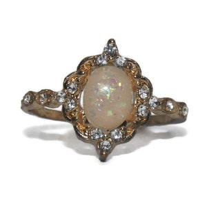 Vintage Gold Tone, Faux Opal and Clear Rhinestones Size 8 1/2 Statement Ring.