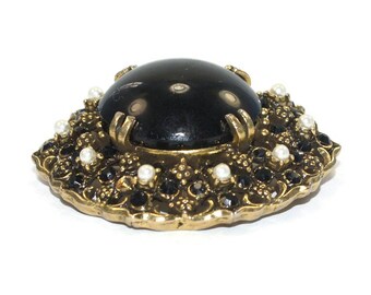 輝く高品質な Faux Tone, Gold Hollycraft Vintage Pearls, Rhinestones Black アクセサリー