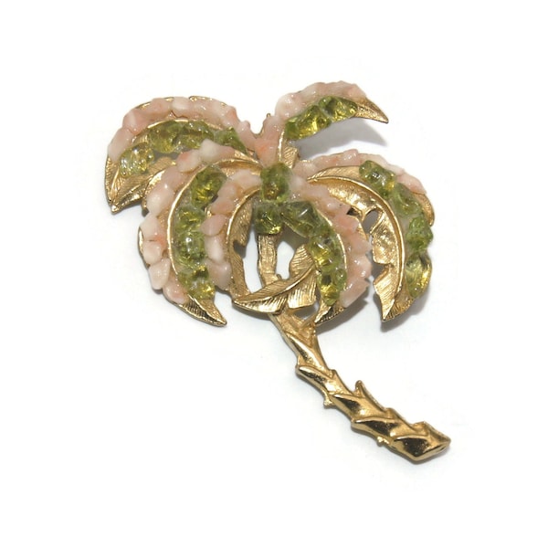 Feather Palm Tree Brooch with Green Olivine Hawaiian Volcano Glass and Pink Angel Skin Coral.