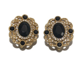 Vintage Gold Tone, Clear Rhinestones and Black Resin Clip on Earrings.