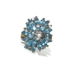 Vintage Gold and Silver Tone and Blue Rhinestones Size 9 1/2 Statement Ring.