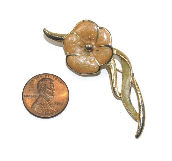 Vintage Gold Tone Peach and Green Enamel Floral B… - image 3