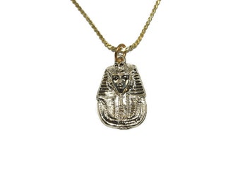 Vintage Gold Tone King Tut Pendant on 18 Inch Chain with Spring Ring Clasp.