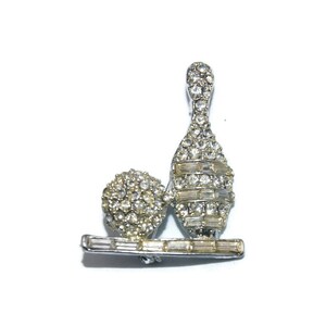 Vintage Silver Tone and Clear Rhinestones Bowling Ball and Pin Brooch.