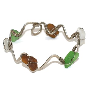 Artisanal Handmade Vintage Sterling Silver and Sea Glass Bracelet with Hook Clasp.