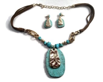 Vintage Faux Turquoise Necklace & Earrings Set, Gold Tone Tribal Jewelry