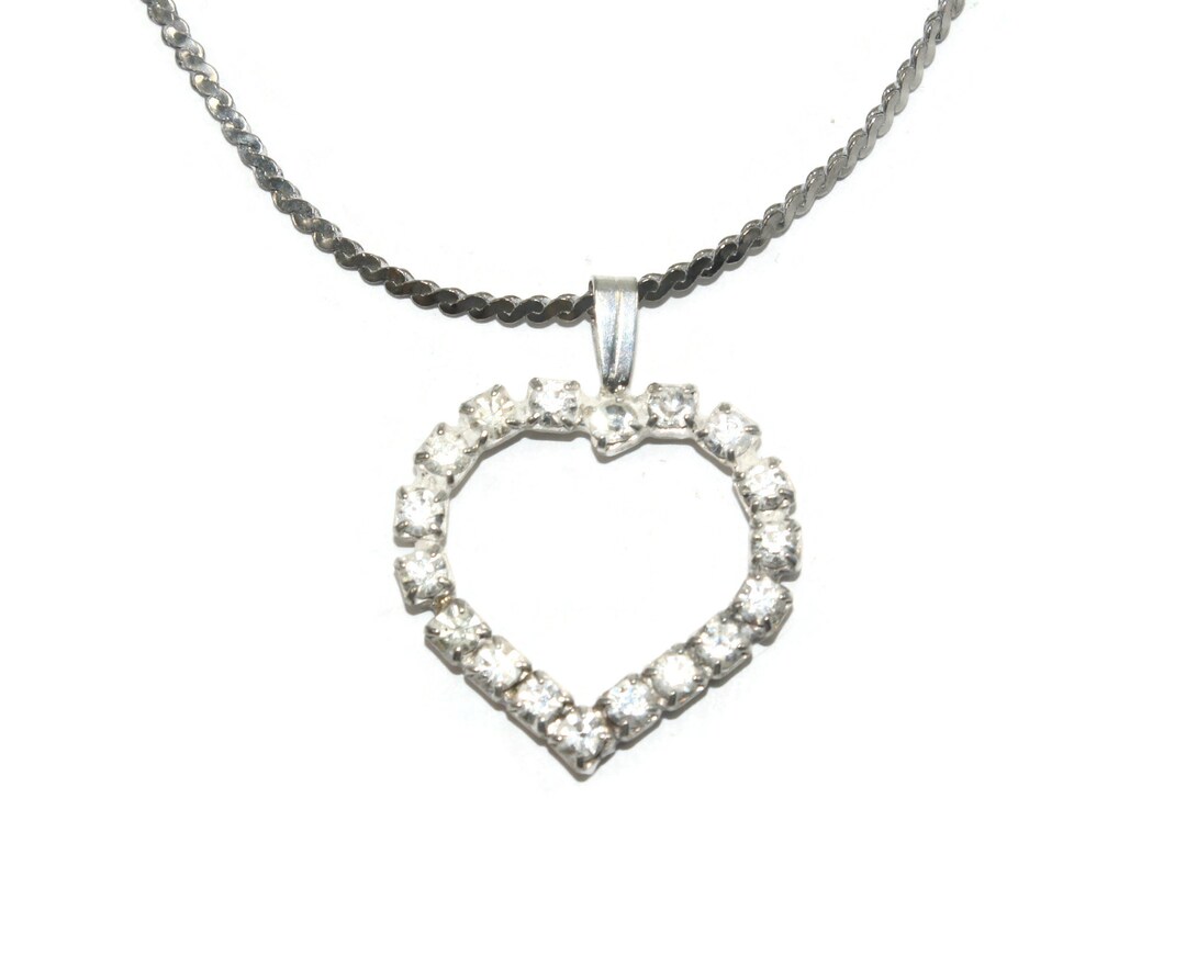 Silver Rhinestone Heart Vintage Silver Tone and Rhinestones Heart Pendant on 16 Inch Chain With ...