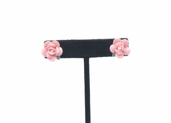 Vintage Silver Tone, Pink and Green Porcelain Rose Flower Stud Back Earrings for Pierced Ears. Ceramic Flower, Victorian Rose Earrings.