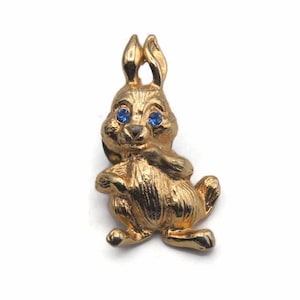 Rabbit Pin Back Brooch, Vintage Gold Tone and Blue Rhinestones Rabbit Lapel Pin, Tie Tack, Brooch, Gift for Her, Gift for Him, Easter Bunny.