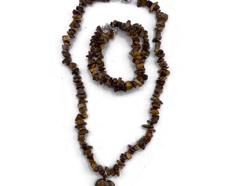 Tiger Eye Beaded Jewelry Set, Vintage Tiger Eye Chips Beaded 18 Inch Necklace with Heart Pendant & 7 1/2" 2-Strand Necklace, Gift for Her.