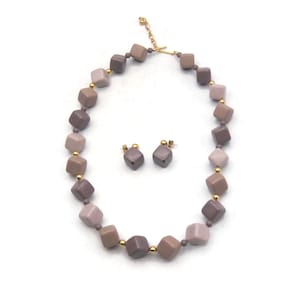 Rare Avon 1987 Cubic Style Taupe Ombre Cute Beads Statement Necklace and Dangle Earrings, Vintage Jewelry Set, Rare Avon, Gift for Her.