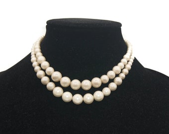 Vintage 15 to 17 Inch Adjustable 2 Strand Graduated Faux Pearl Necklace with Hook Clasp. Marked Germany.