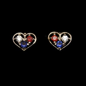 Small Vintage Silver Tone with Red, Clear and Blue Rhinestones Heart Stud Earrings with Post Backs for Pierced Ears.
