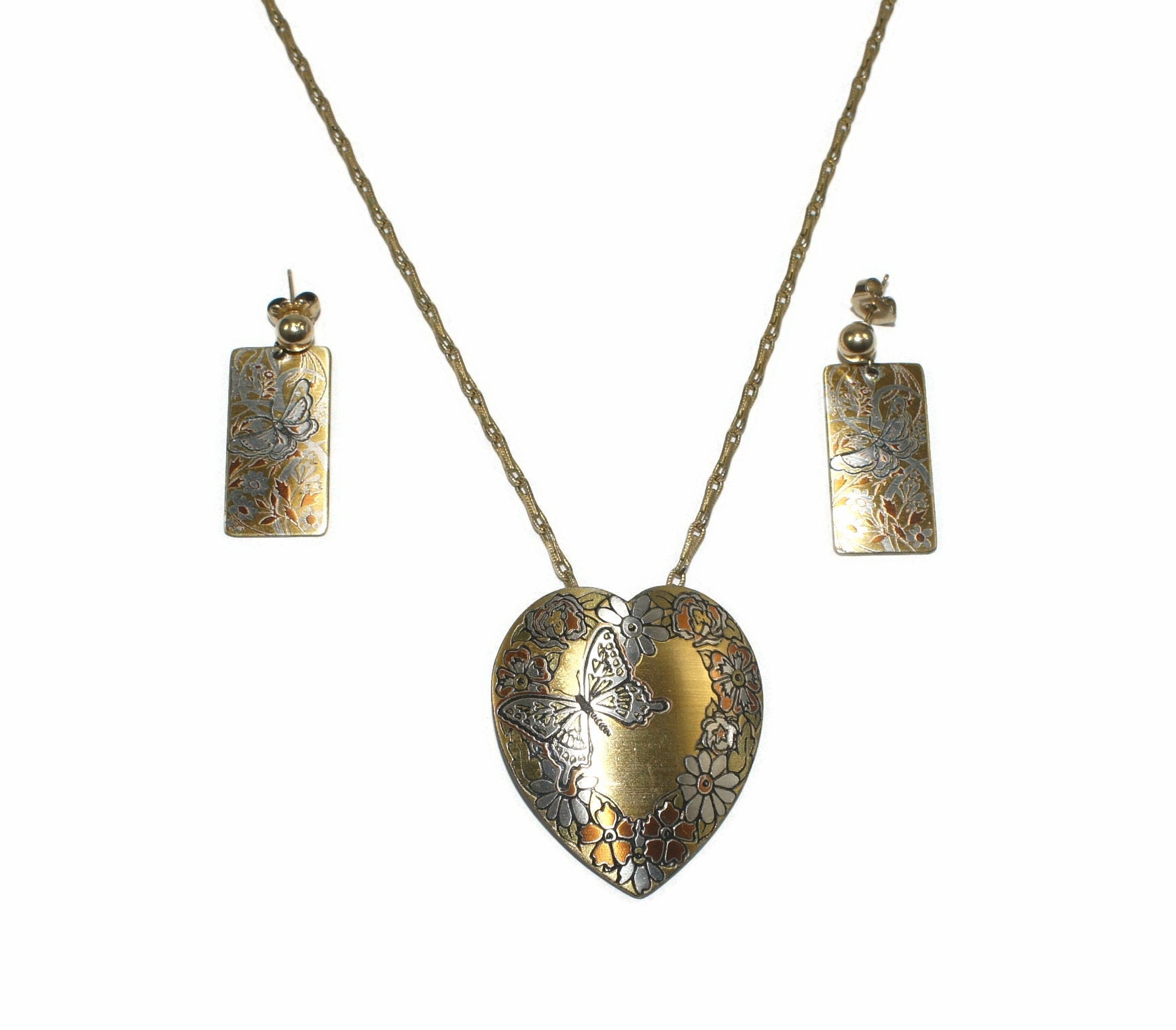 Pendentif Vintage Or De Tolède Floral Noir Et Doré - Bijou Ancien, Occasion, Forme Marquise