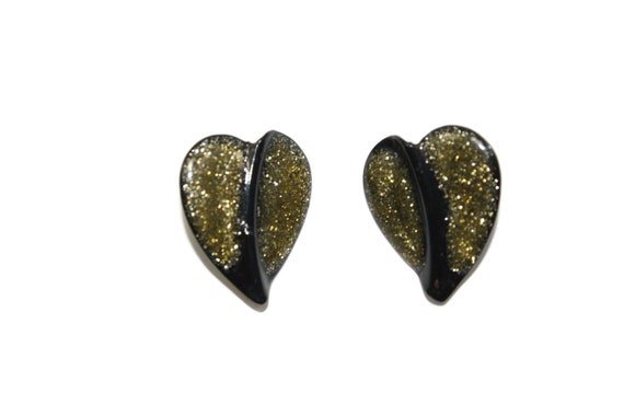 Boucles D'oreilles Vintage Cœur émail Noir - Plaqué Or 24k, Marque Vintage Couture, Occasion Très Bon état