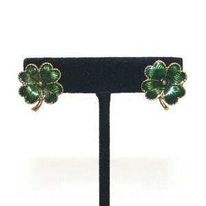 Vintage Avon Gold Tone Green Enamel Four Leaf Clover with Stud Backs for Pierced Ears. Avon Hallmark.