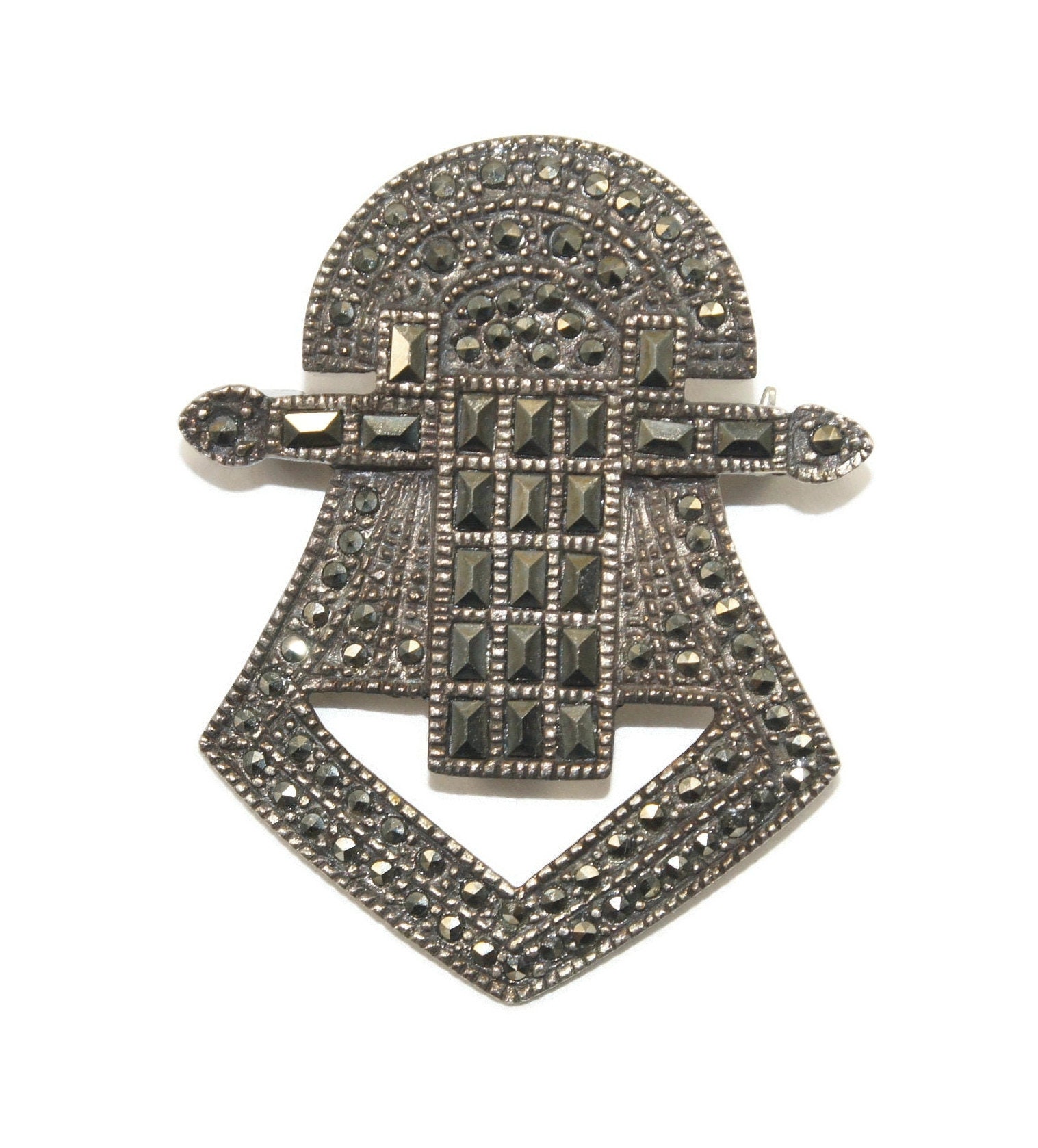 Broche vintage Art Déco Argent Sterling Marcasite Strass Ornate Pin - France