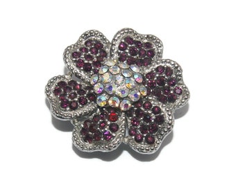 Vintage Silver Tone with AB and Purple Rhinestones Multidimensional Flower Stretch Elastic Statement Ring.