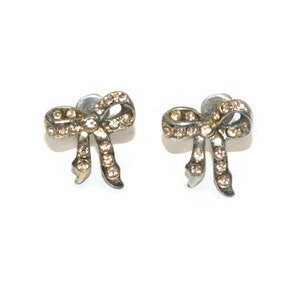 Small Vintage Silver Tone and Rhinestone Bow Stud Earrings with Post Backs for Pierced Ears.