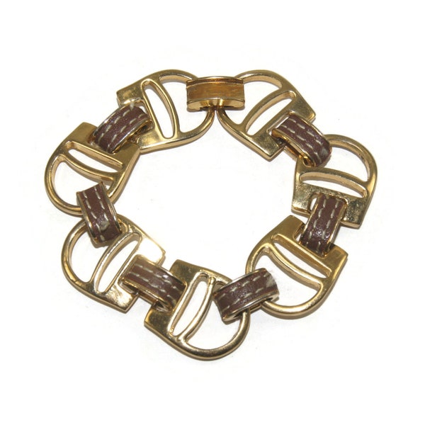 Vintage Ralph  Lauren Gold Tone and Faux Leather 7 Inch Link Bracelet with Hinged Clip Clasp. RLL Hallmark.