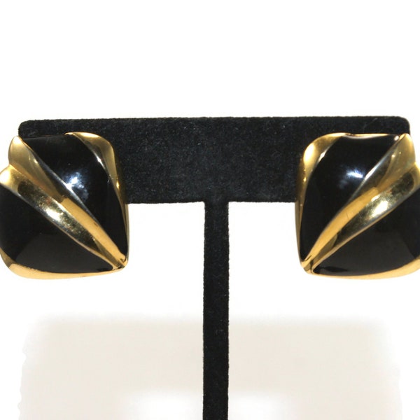 Vintage JS Gold Tone and Black Enamel Screw Back Clip on Earrings. JS Hallmark.