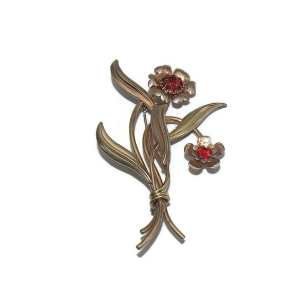 Vintage Louis Stern Co. Gold Plated 800 Silver and Red Rhinestones Flower Brooch. L.S. Co 1/20 12K G.F. on 800 Silver Hallmark.