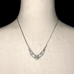 Vintage Silver Tone and Clear Rhinestones 18 Inch Bib Necklace with Spring Ring Clasp. Mid Century Necklace.