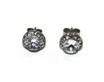 Vintage Silver Tone and Rhinestones Halo Stud Earrings with Post Backs for Pierced Ears.