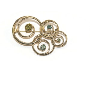 Vintage Gold Tone and Green Rhinestones Geometric Design Brooch.