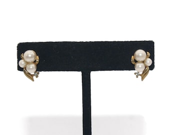 Vintage Gold Tone, Rhinestones and Faux Pearls Stud Earrings with Post Backs for Pierced Ears.