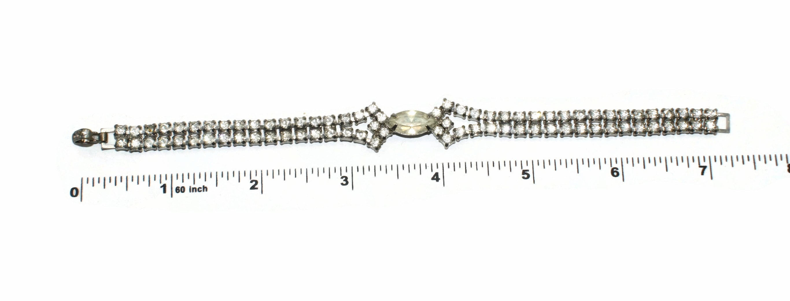 Bracelet Ancien Art Déco Métal Argenté Strass - Longueur 17-18 Cm - Rare