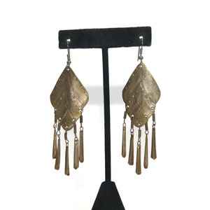 Vintage Artisanal Oxidized Golden Brass Fringed Dangle Earrings with Engraved Tribal Design and Hook Backs for Pierced Ears.