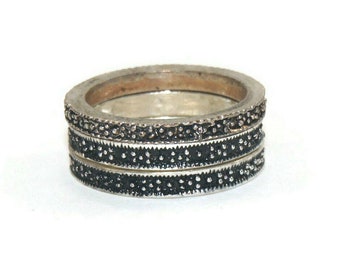 Vintage Silver Tone and Black Enamel Set of 3, US Size 8 Stacking Rings.