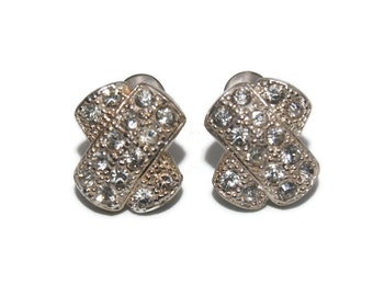 Vintage Silver Tone and Clear Pave' Rhinestones Crisscross "X" Stud Back Earrings with Post Backs for Pierced Ears.