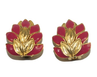 Vintage Gold Tone and Dark Pink Enamel Plant Clip on Earrings.