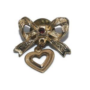 Vintage Gold Tone and Red Rhinestone Bow Lapel Pin with Dangling Heart.