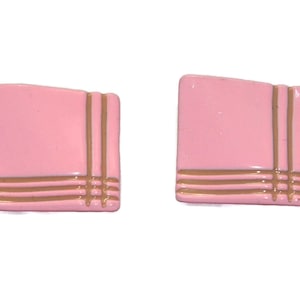 Vintage Square Light Pink Enameled Stud Earrings with Brown Lines. Post Backs for Pierced Ears.