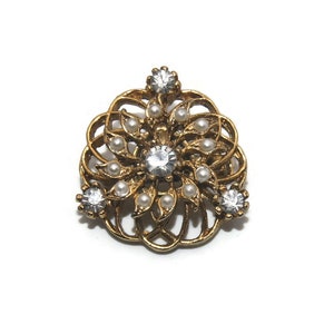 Vintage Gold Ton, Faux Perlen und klare Strass Brosche.
