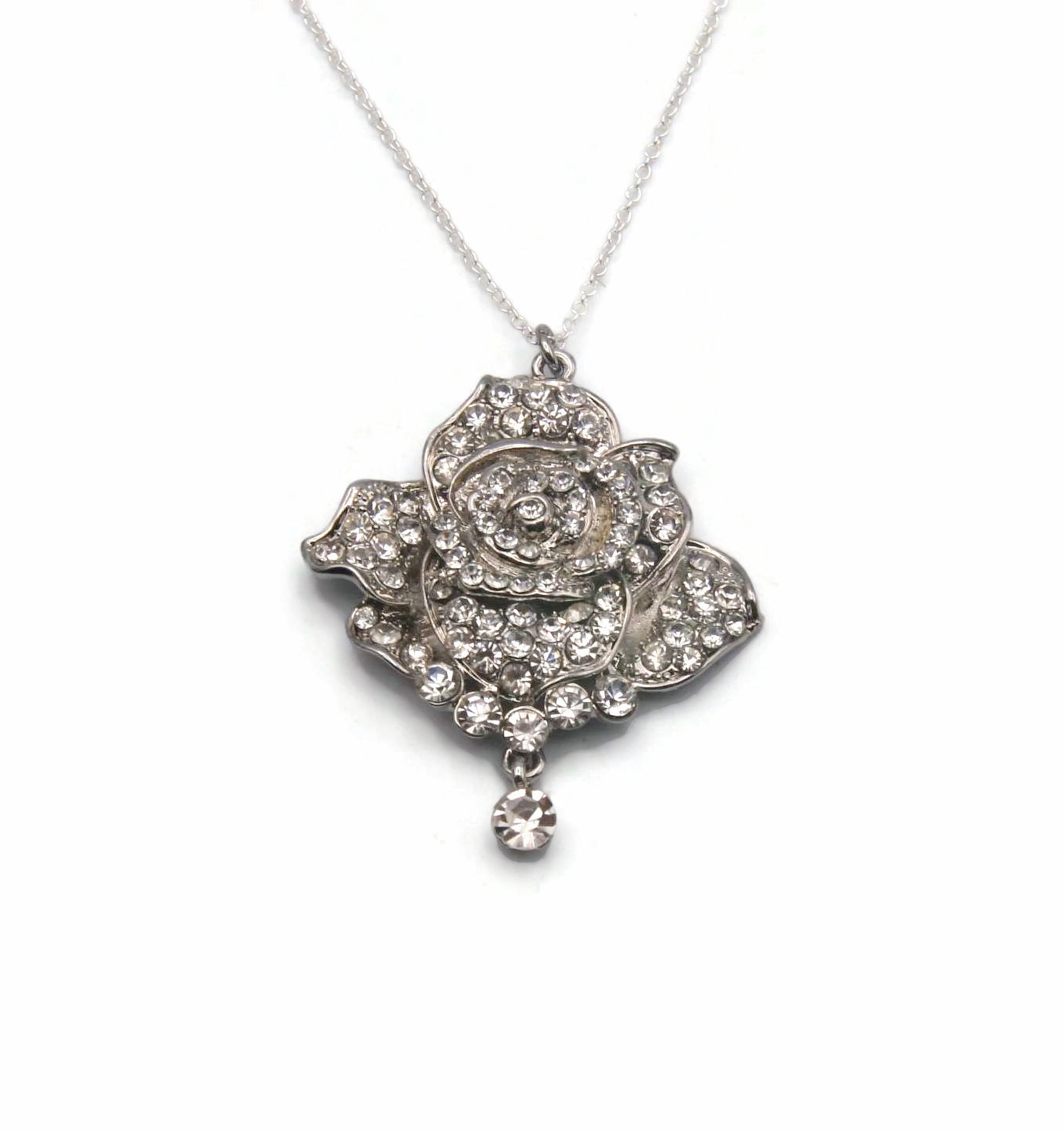 ★VINTAGE HOLLYWOOD★ Crystal Rose Necklace_VH2435NE001M Silver Tone and Clear Rhinestones Rose Pendant, Vintage