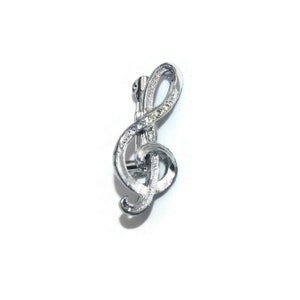 Vintage Silver Tone and Clear Rhinestones Treble Clef Brooch.