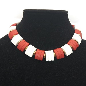 Vintage Avon Gold Tone and Red and White Plastic Beaded 16 Inch Necklace with Hook Clasp.