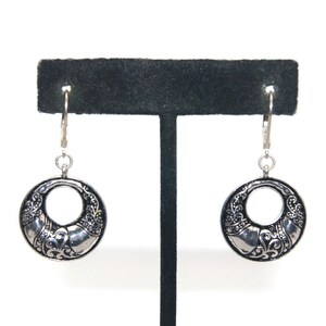 Vintage Silver Tone and Black Enamel Dangle Earrings with Latch Backs for Pierced Ears.