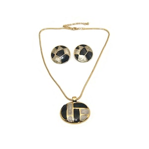 Vintage Gold Tone, Gray and Black Enameled Pendant Necklace and Matching Stud Earrings Jewelry Set. image 1