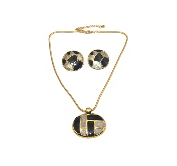 Vintage Gold Tone, Gray and Black Enameled Pendan… - image 1