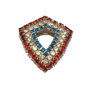 Vintage Gold Tone, Blue, Clear and Red Prong Set Rhinestones Shield Brooch.