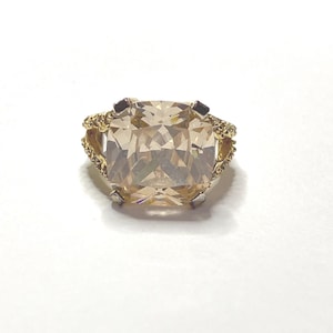 Vintage Gold Tone with Faceted Orange Glass and Clear Rhinestones Size 6 Statement Ring.