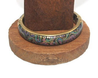 Vintage Gold Tone and Multi Color Inlaid Plastic 8 Inch Spring Hinged Bangle Bracelet.
